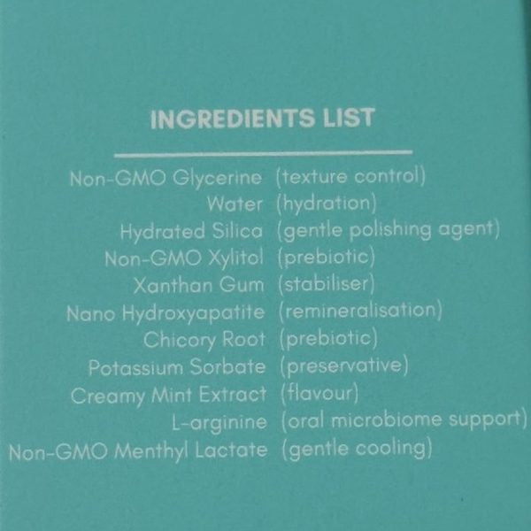 Ingredients panel on the Mild Mint carton