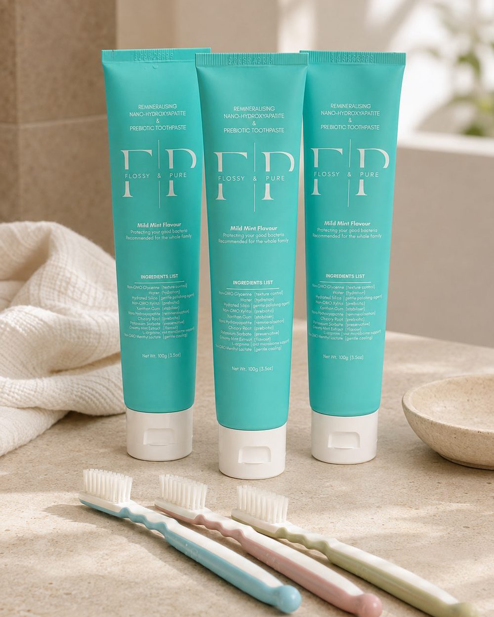 Three tubes of Flossy & Pure toothpaste with family toothbrushes