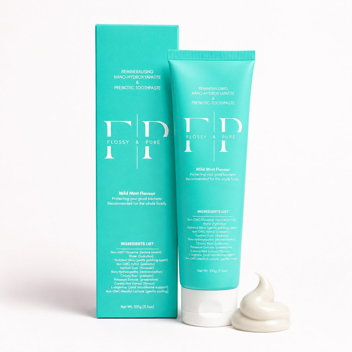 Flossy and Pure Mild Mint nano-hydroxyapatite toothpaste, 100g tube and carton
